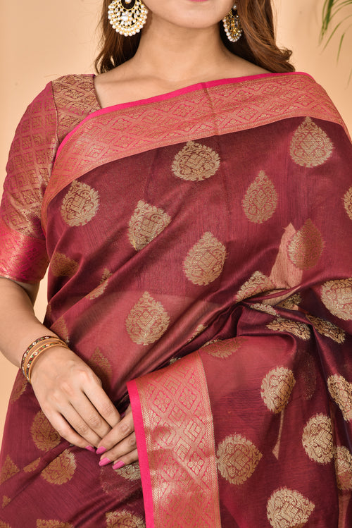 Beautiful Rosewood Banarasi Zari Weaving Saree With Blouse