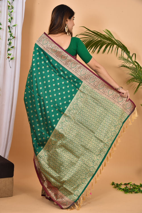 Bottle Green Beautiful Banarasi Zari Weaved Saree