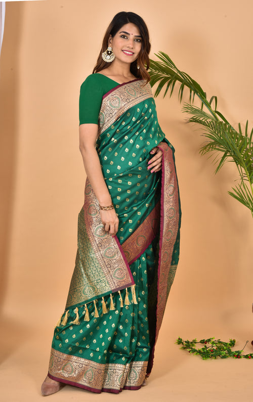 Bottle Green Beautiful Banarasi Zari Weaved Saree