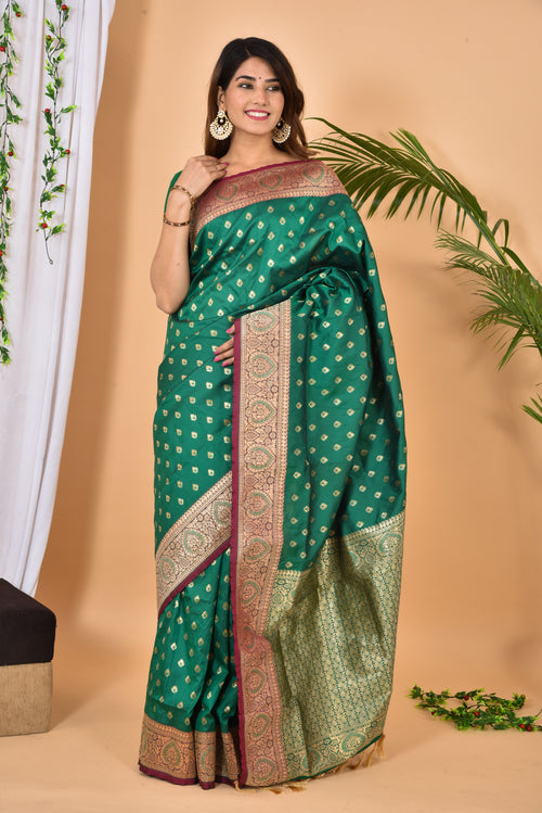 Bottle Green Beautiful Banarasi Zari Weaved Saree