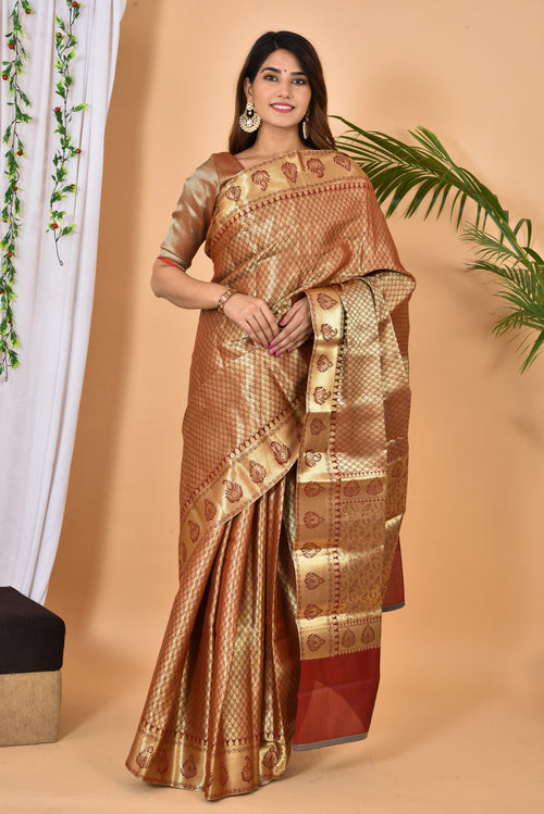 Golden with maroon Banarasi silk  Zari Woven Saree