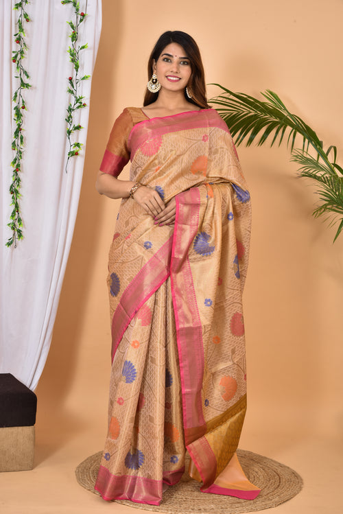 Beige With Pink Border Banarasi  silk woven saree