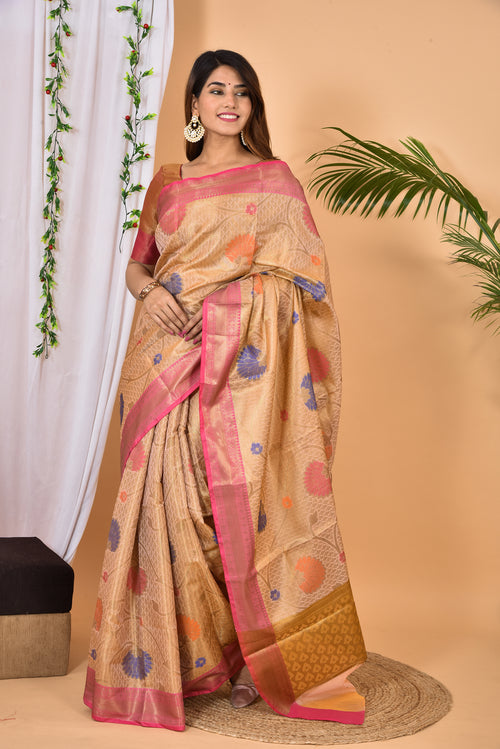 Beige With Pink Border Banarasi  silk woven saree