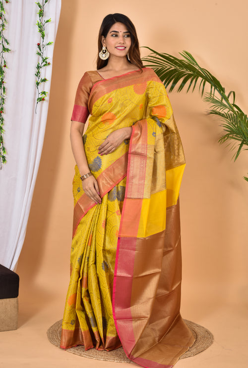 Yellow with pink border Banarasi Silk Zari Woven saree