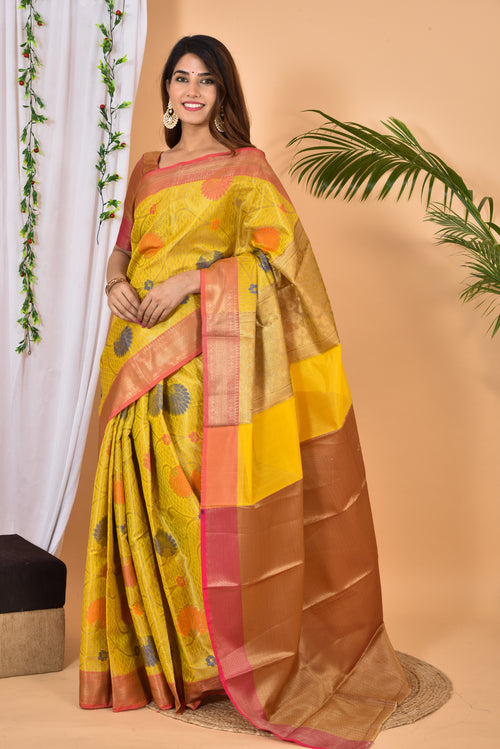 Yellow with pink border Banarasi Silk Zari Woven saree
