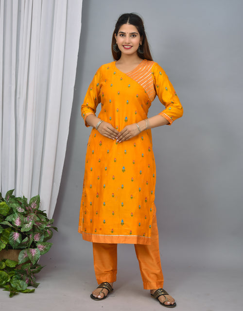 Mustard yellow soft silk suit with embroidery organza dupatta