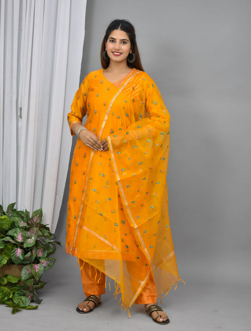 Mustard yellow soft silk suit with embroidery organza dupatta