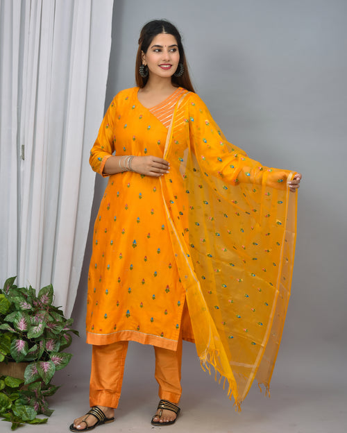 Mustard yellow soft silk suit with embroidery organza dupatta