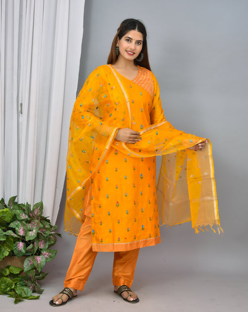 Mustard yellow soft silk suit with embroidery organza dupatta