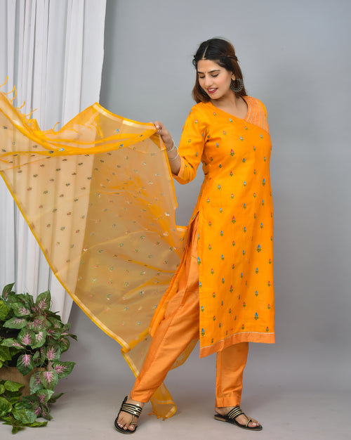 Mustard yellow soft silk suit with embroidery organza dupatta