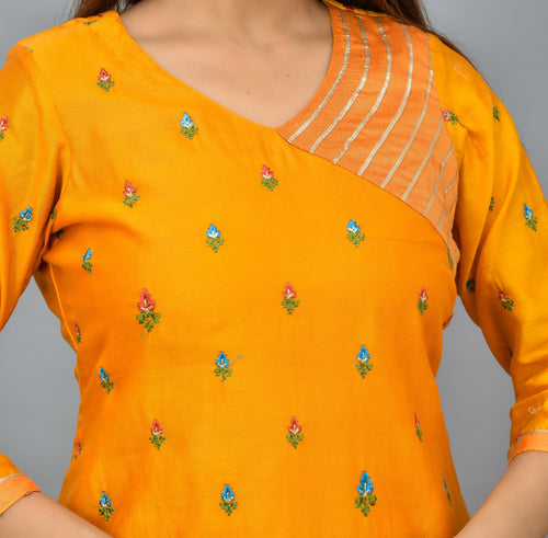 Mustard yellow soft silk suit with embroidery organza dupatta