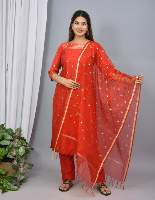 Red color silk suit with embroidery organza dupatta