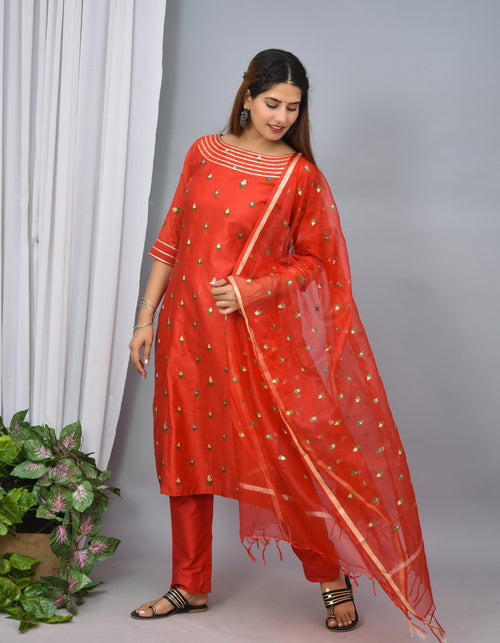 Red color silk suit with embroidery organza dupatta