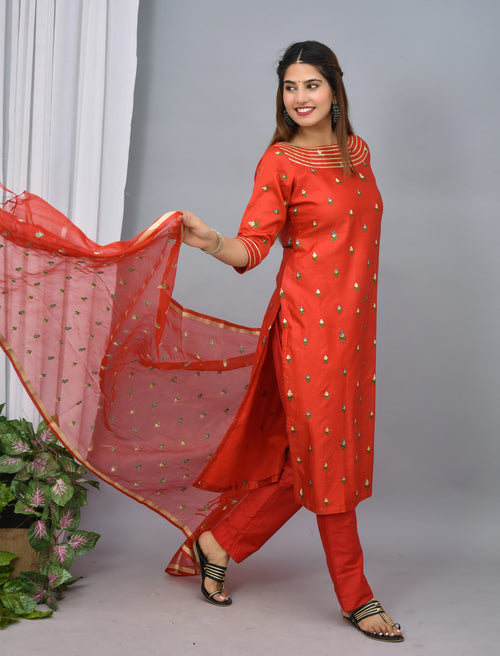 Red color silk suit with embroidery organza dupatta