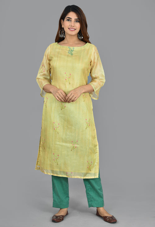 Lemon Yellow Kota Silk Digital Print Suit With Kota Silk Dupatta