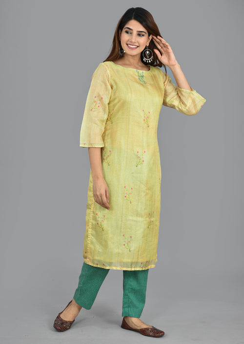 Lemon Yellow Kota Silk Digital Print Suit With Kota Silk Dupatta