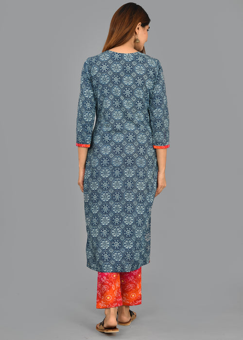 Designer Indigo Beautiful Cotton Stitched Suit With Kota Dupatta