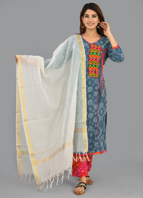 Designer Indigo Beautiful Cotton Stitched Suit With Kota Dupatta