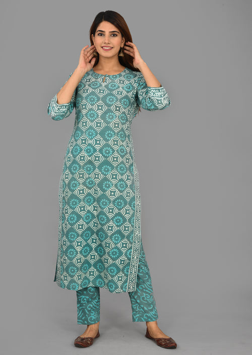 Rama Green Cotton Dabu Print Vegetable Dye Top And Bottom Set