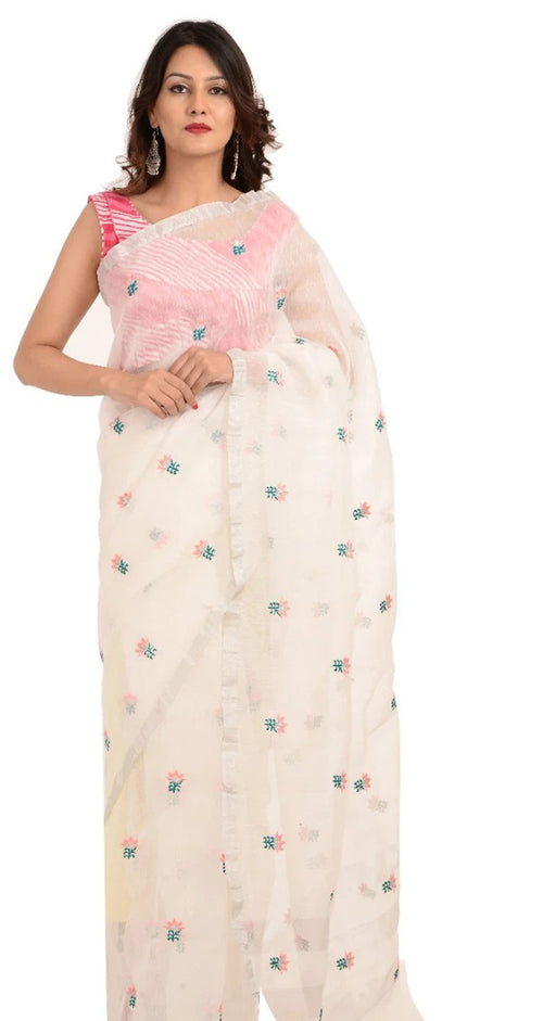 White Linen Saree With Embroidery Work