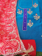Blue color aari work with red dupatta