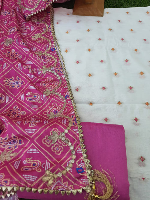 White Banarasi Suit With pink chinnon silk patola Dupatta
