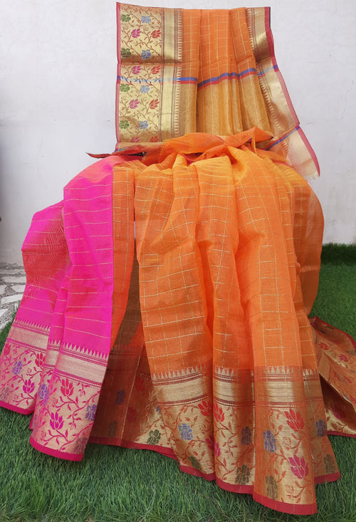 Peach color Organza With Heavy Border  Pink Combination Saree With Blouse