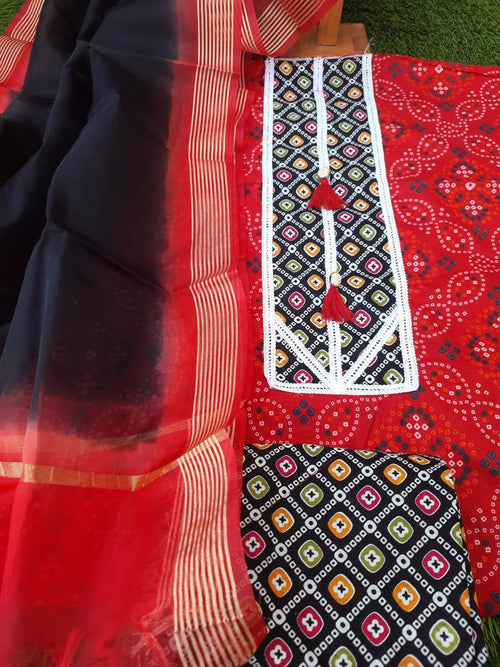 Red color cotton suit with designer dupatta - Aaditri fab