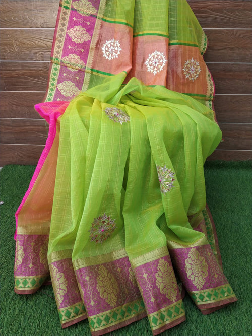 Organza Heavy Border Green Saree With Blouse