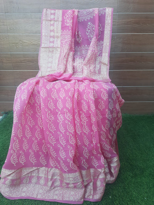 Pink color chiffon block print saree