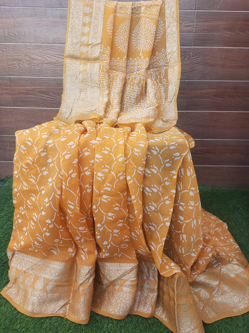 Mustard color chiffon block print saree