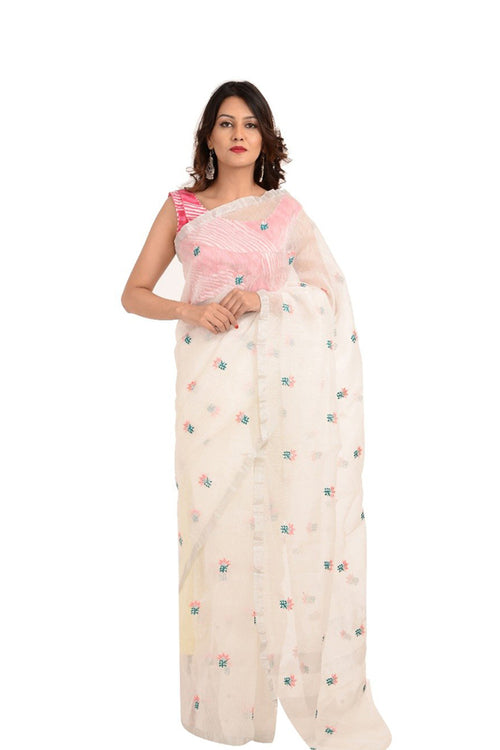 White Linen Saree With Embroidery Work