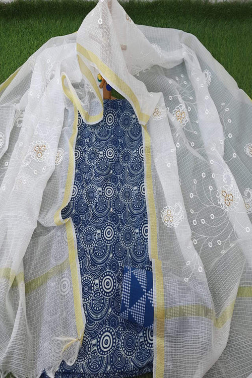 Indigo Cotton Printed Dress Material With Kota Silk Embroidery Dupatta