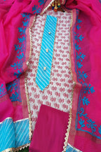 White Chanderi Silk Suit With Pink Kota Silk Embroidery Dupatta