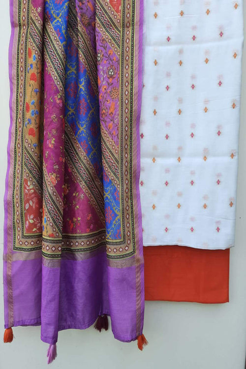 White Chanderi Suits With Multicolor Chanderi Silk Digital Print Dupatta