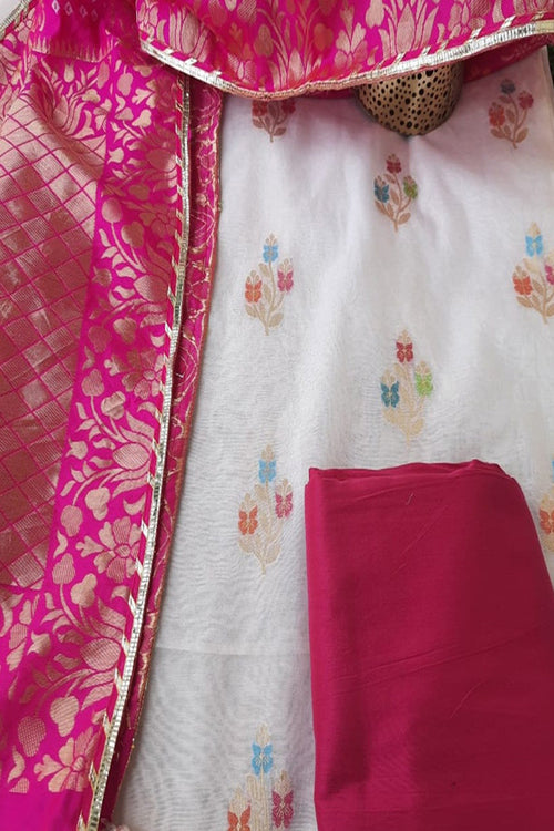 Banarasi White Suit With Pink Banarasi Silk Soft Zari Weaving Dupatta